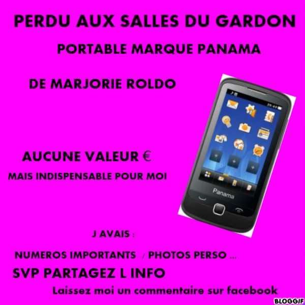 PERDU TELEPHONE PORTABLE NOIR AUX SALLES DU GARDON 30110