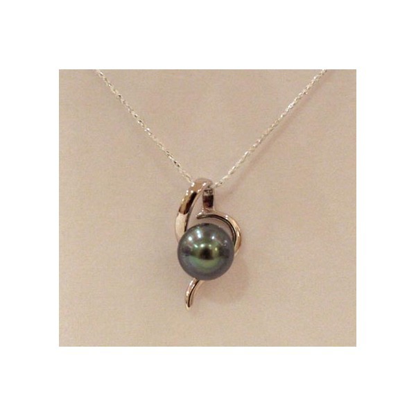 Perdu collier imitation perle Tahiti + coeur ouvert argent