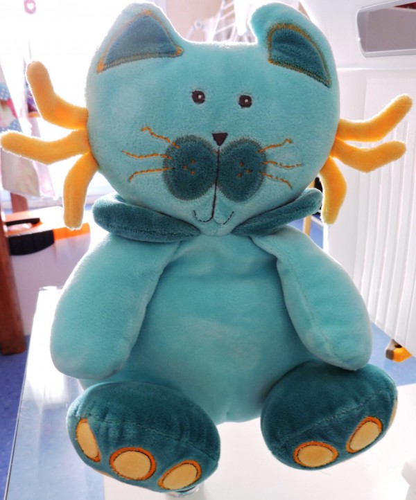 Peluche doudou chat bleu moustaches jaunes perdu le 28/05/2017