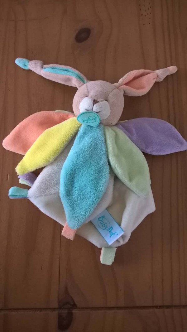 Doudou lapin arc-en-ciel trouvé à Montreuil Le Gast