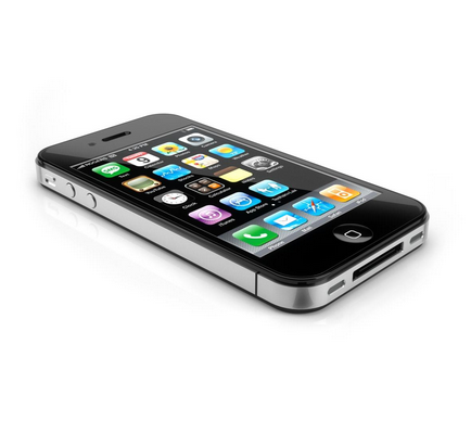 Un Iphone 4 noir avec coque souple noir et du papier collé sur la moitié de la coque !
