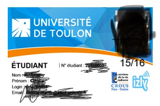 Perdu carte étudiant dans le u direction Université de Toulon la garde le vendredis 16 novembre à 14h05 exactement