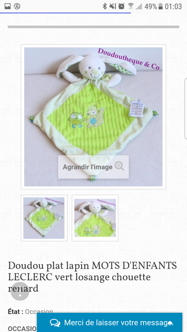 Doudou lapin vert mot d'enfant