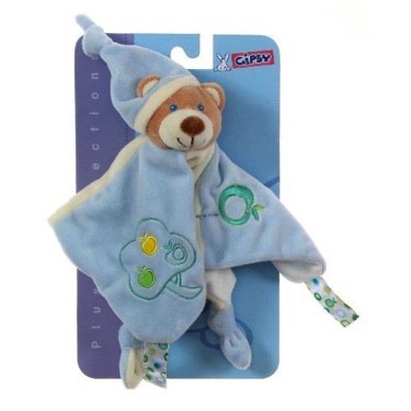 doudou plat tête d'ours beige bleu et blanc brodé au nom de [nom masqué]