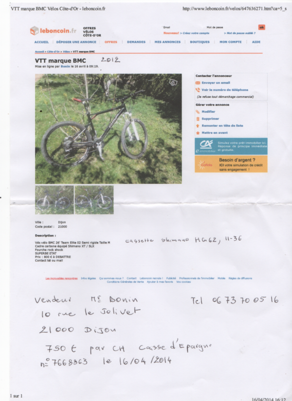 VTT BMC volé 1 avenue aristide briand attaché peu de temps au pied de mon immeuble