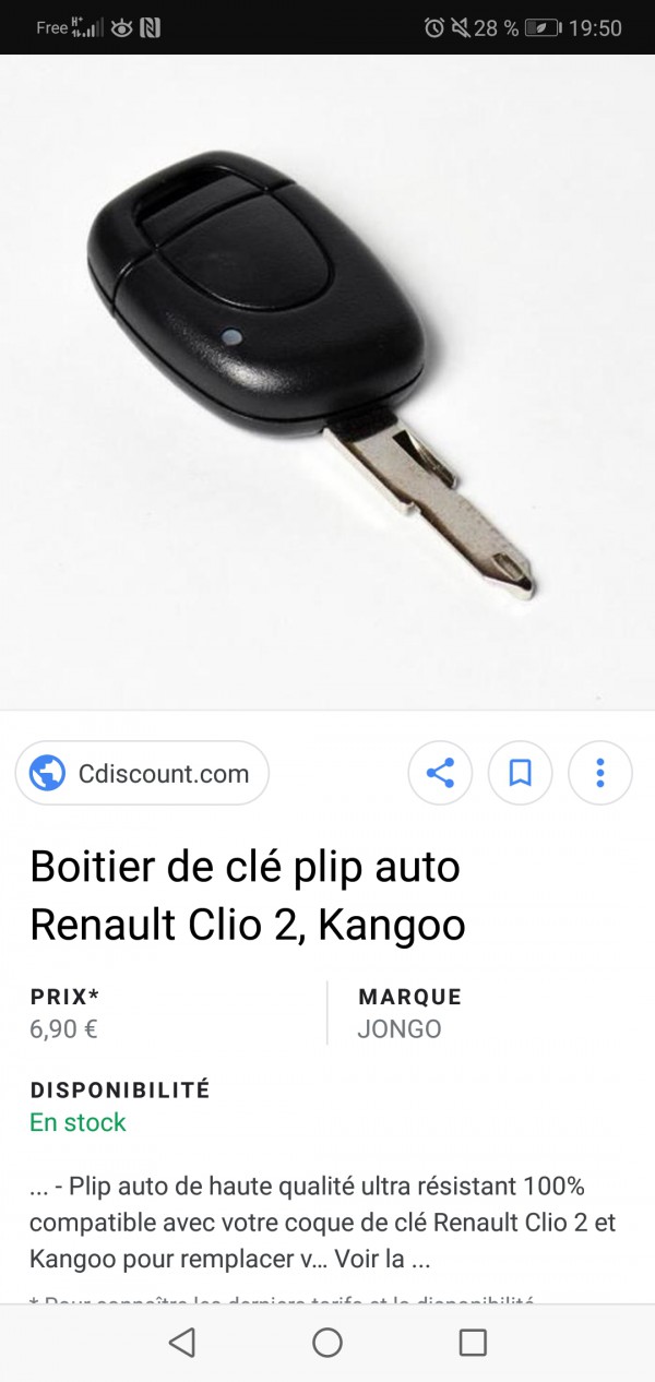 Clef de voiture Renault clio 2