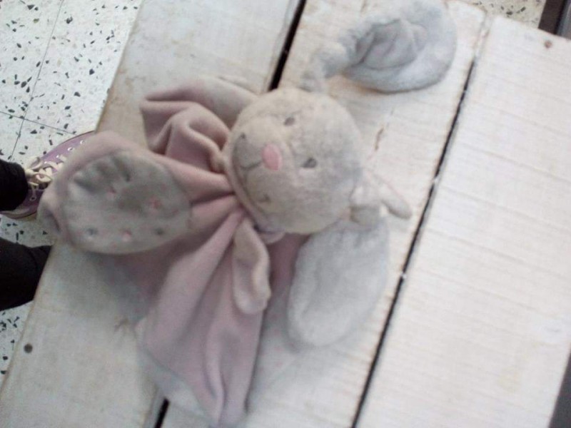 Doudou plat lapin rose étoile Tex lors du vol Bruxelles Ouagadougou du 27 octobre