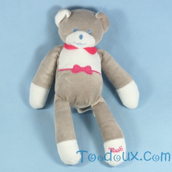 Doudou ours gris noeud papillon rose