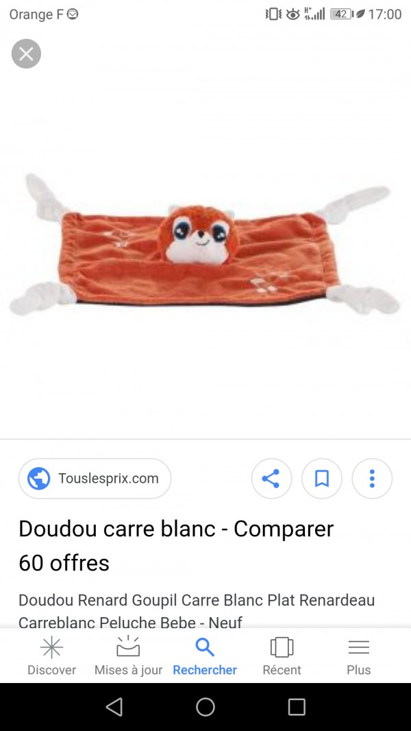 Doudou renard goupil carré blanc