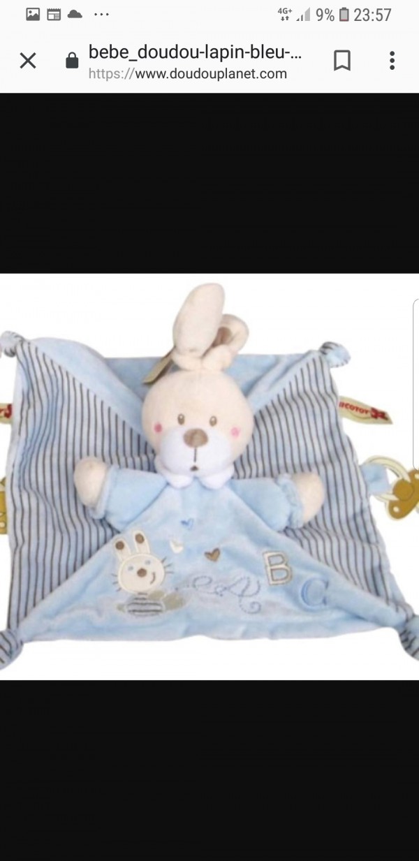 Doudou (lapin bleu avec un bandeau noir autour du coup)