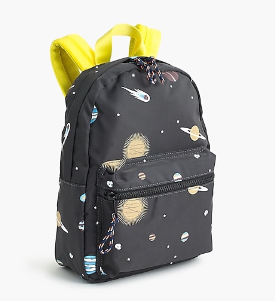 Sac à dos enfant noir motif espace avec anses jaunes