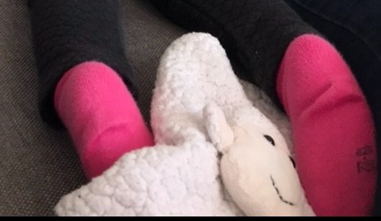 Doudou mouton étiqueté Hanae B.
