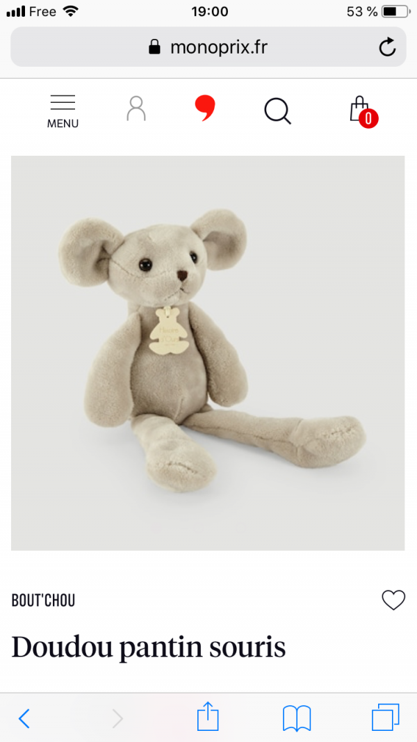 Doudou souris à longue jambe perdu à la rochelle