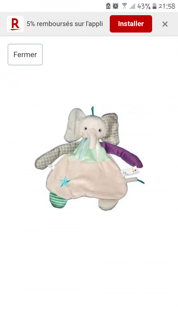 Doudou plat éléphant dans l'avion turin/CDG AF1703
