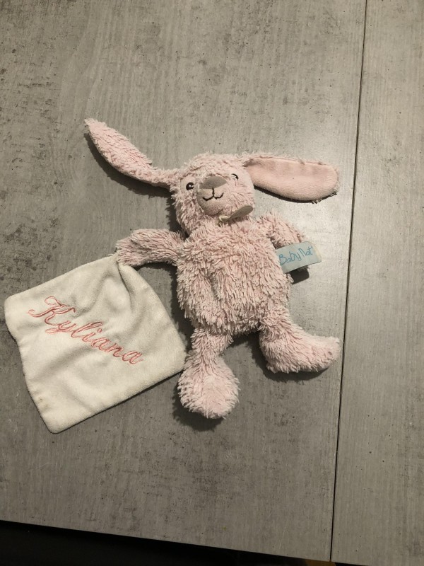 Doudou lapin rose Kyliana autour du centre alma à Rennes