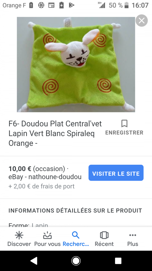 Doudou plat lapin vert, oreille jaune, perdu vers l hôpital bagatelle route de toulouse