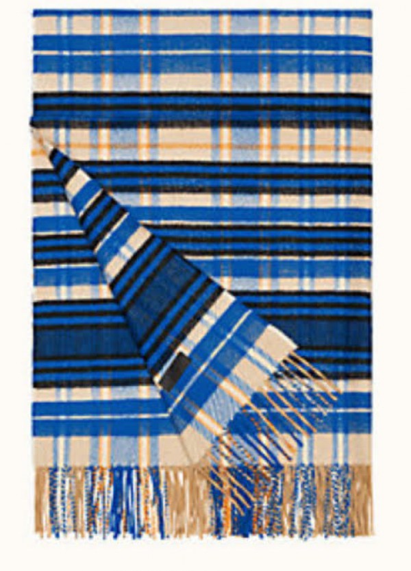 Écharpe Hermès en cachemire bleue/noir/beige à carreaux.