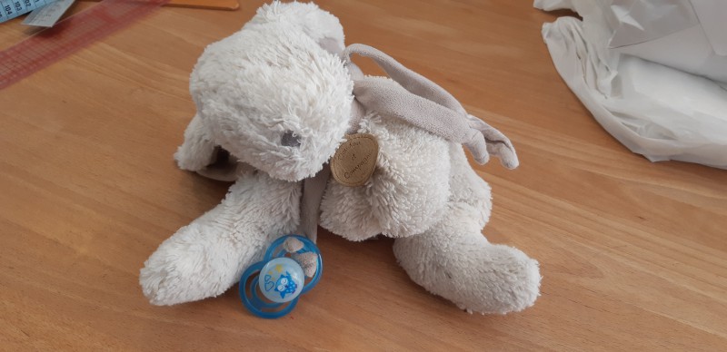 Doudou lapin blanc avec tétine bleu