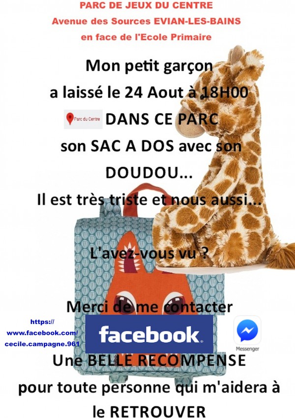 Sac à dos avec doudou et divers au parc du Centre à Evian