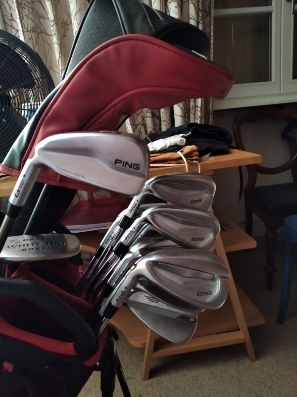 Sac de voyage avec clubs de golf et 2 tableaux