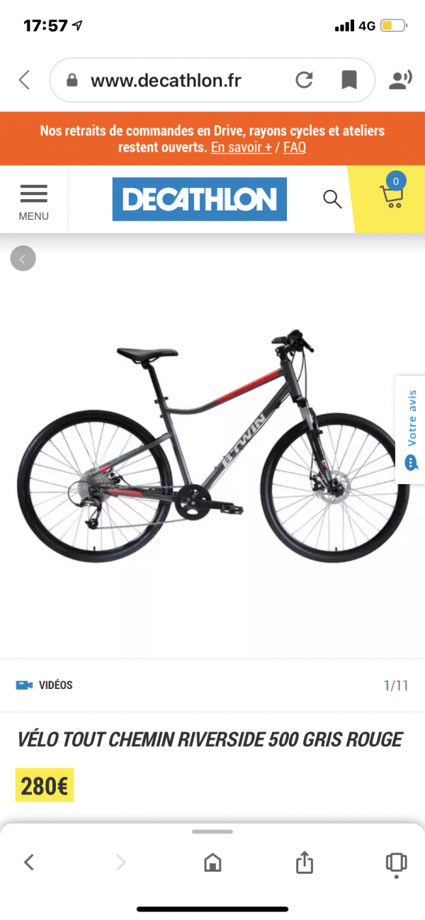VÉLO TOUT CHEMIN RIVERSIDE 500 GRIS ROUGE volé à l’arrêt de bus villepreux saint aubin de medoc le lundi 16 novembre