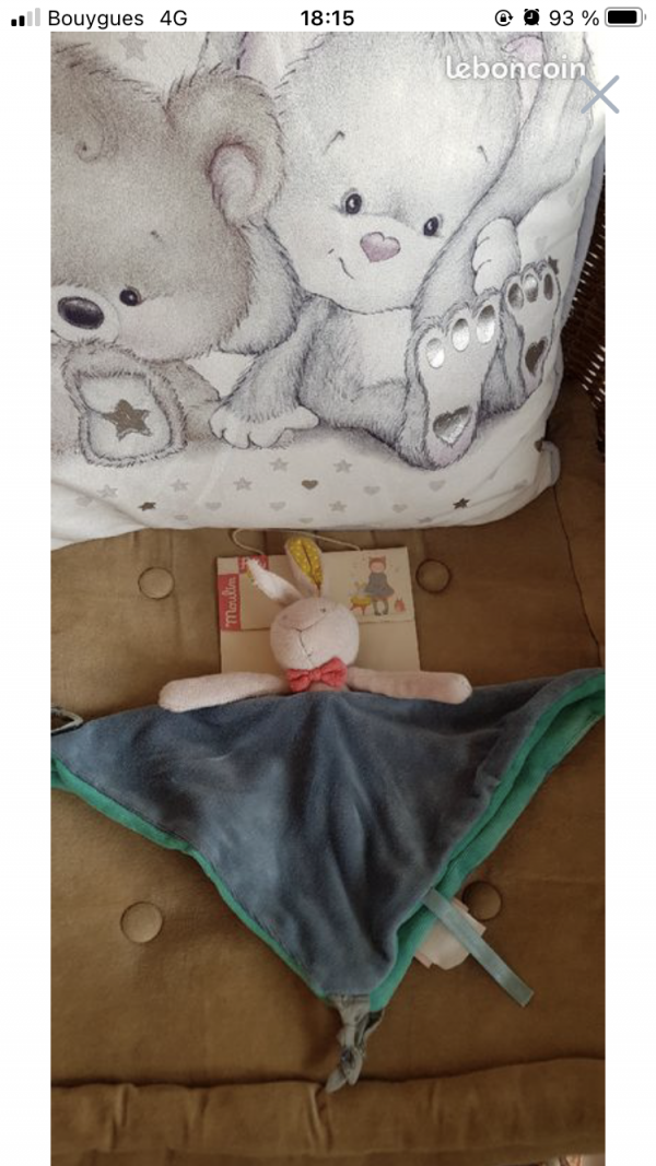 Perdu Doudou lapin moulin roty bleu vert avec tétine rose