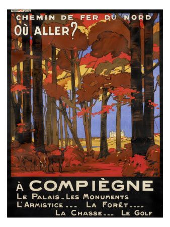 Affiche ancienne chemin de fer imprimée sur bois région de Compiègne