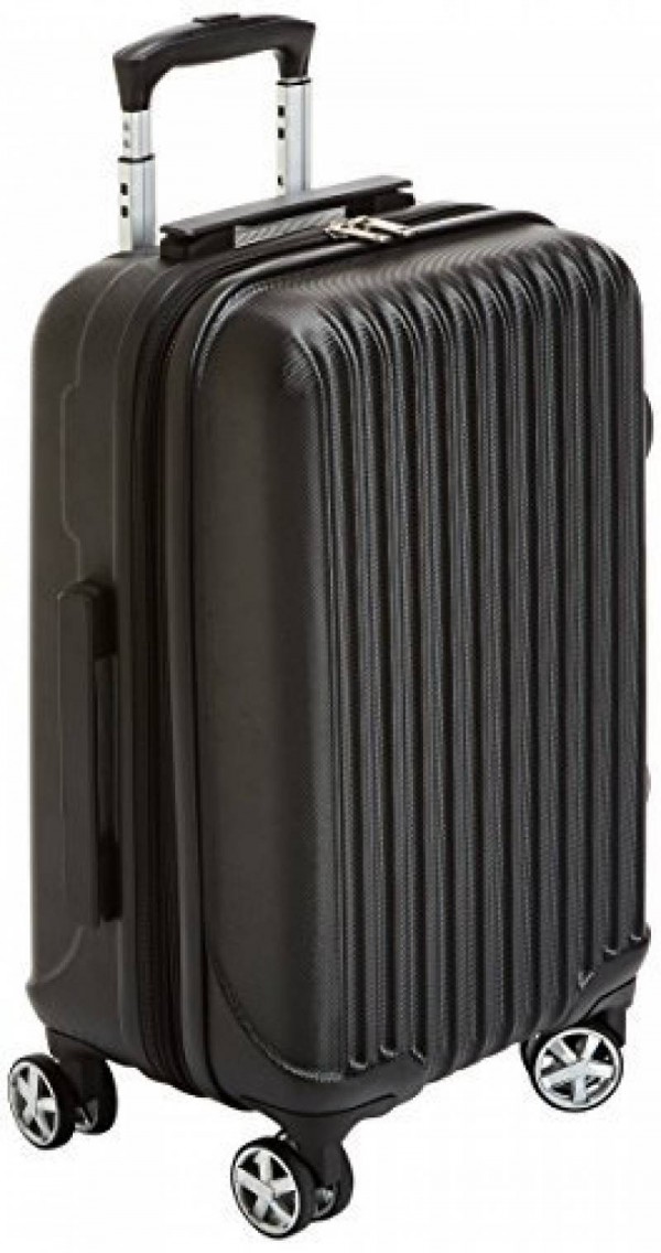 Valise noire taille cabine en plastique (relief) étiquetée à mon nom
