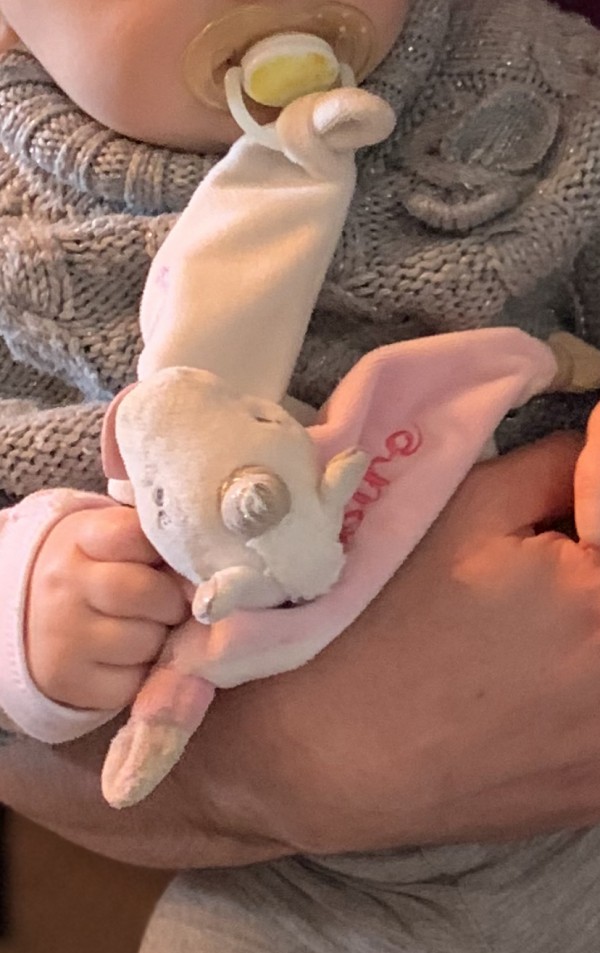 Doudou en licorne avec brodé le prenom « Victoire »