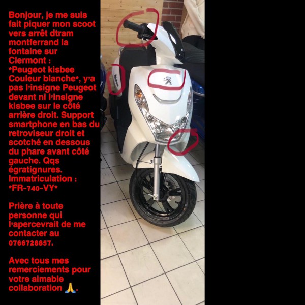 scooter peugeot kisbee blanc volé à 1 place de la fontaine, 63000 Clermont-Ferrand , derrière Domino’s pizza à côté de l’arrêt de tram montferrand la fontaine