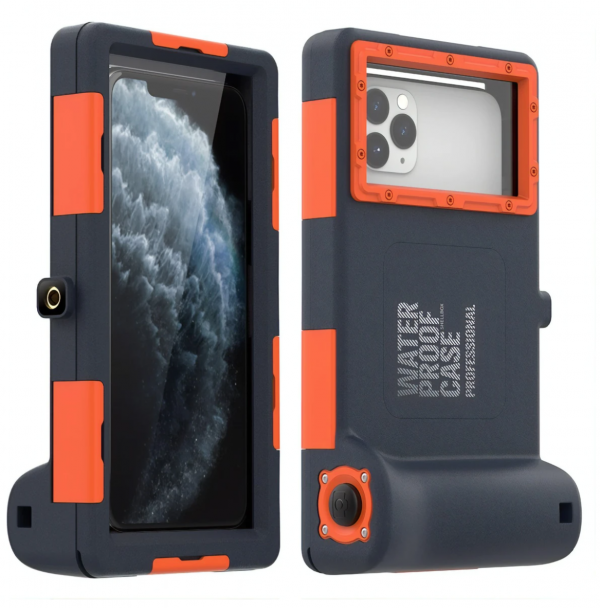 Iphone 11 Pro vert dans son boitier étanche bleu et orange