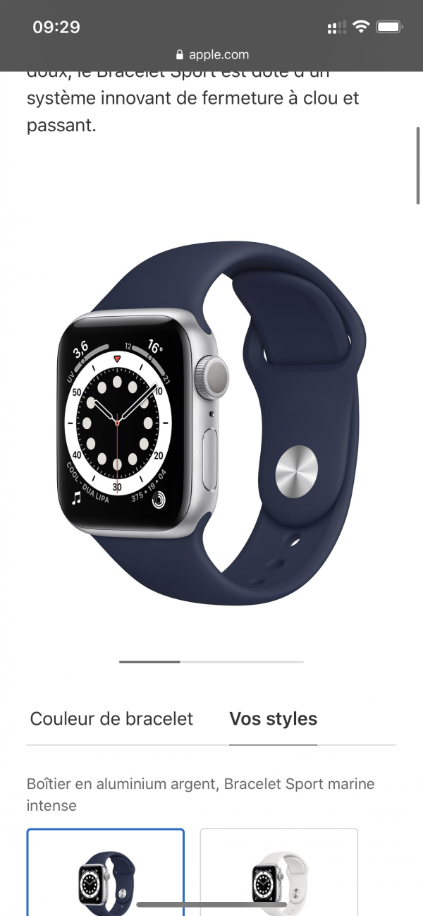 Apple watch serie 6 cadran argent, bracelet bleu foncé