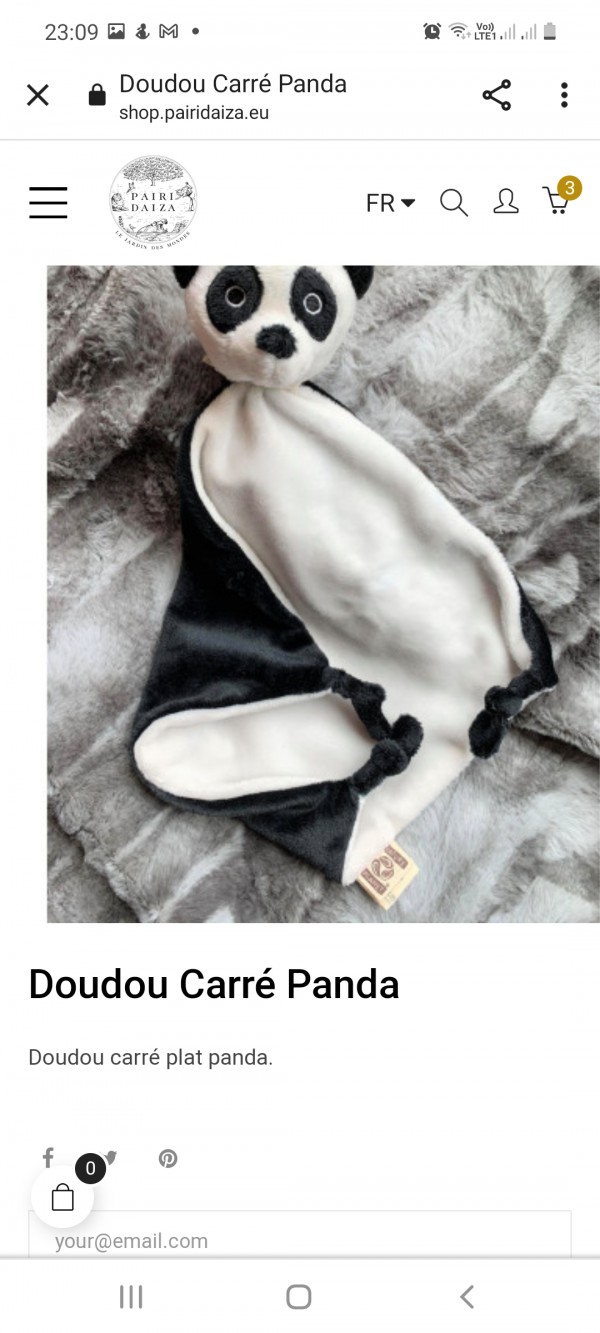 Doudou plat panda oeko tex Amiens