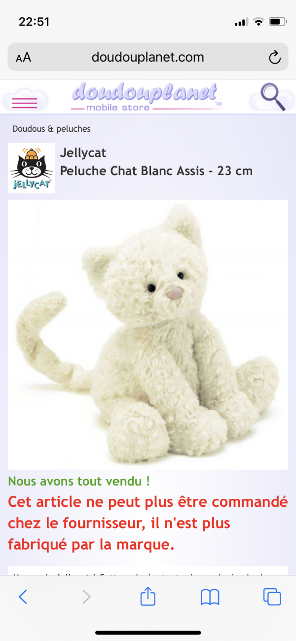 Doudou chat blanc jelly car