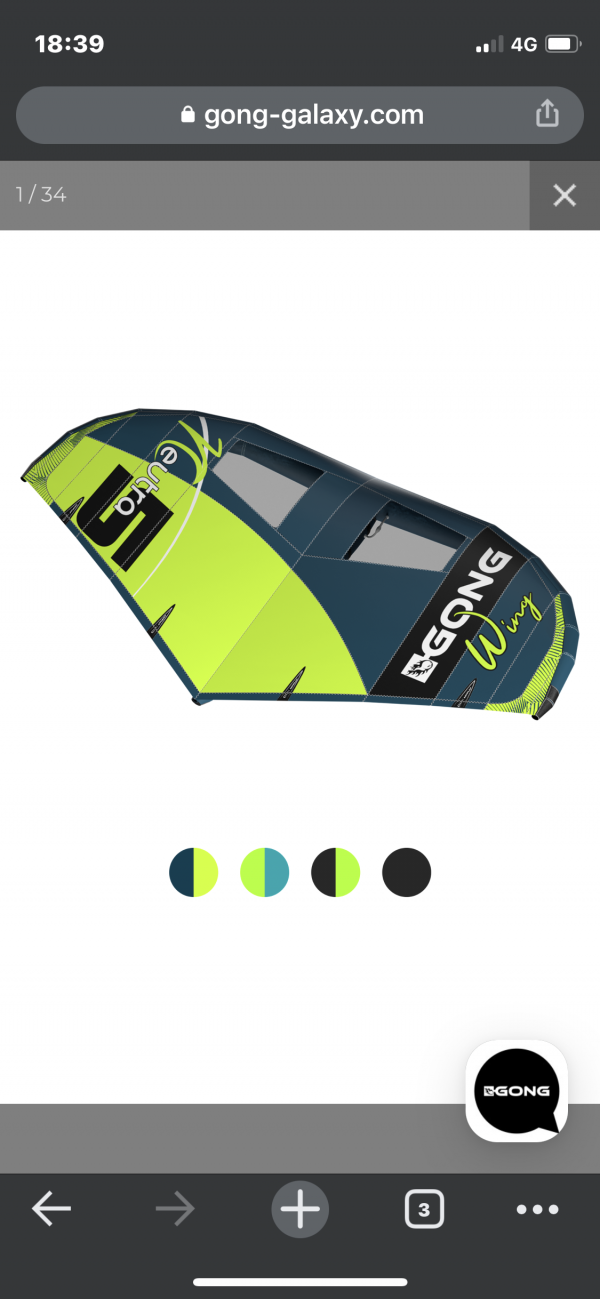 Voile de Wingfoil bleue et verte de marque gong