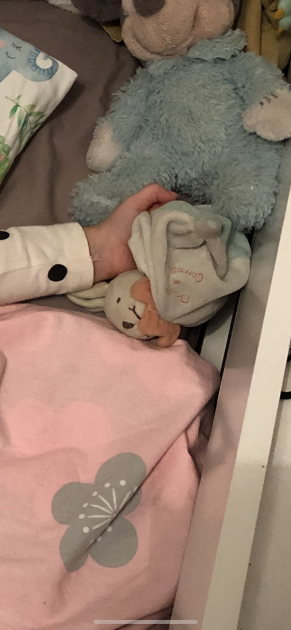 Doudou lapin - écru et orange vers la mairie de jassans Riottier