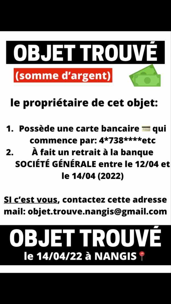 somme d’argent trouvé à nangis