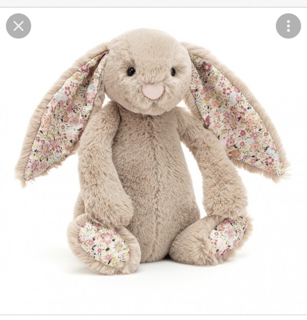Doudou lapin beige oreilles fleurs/liberty