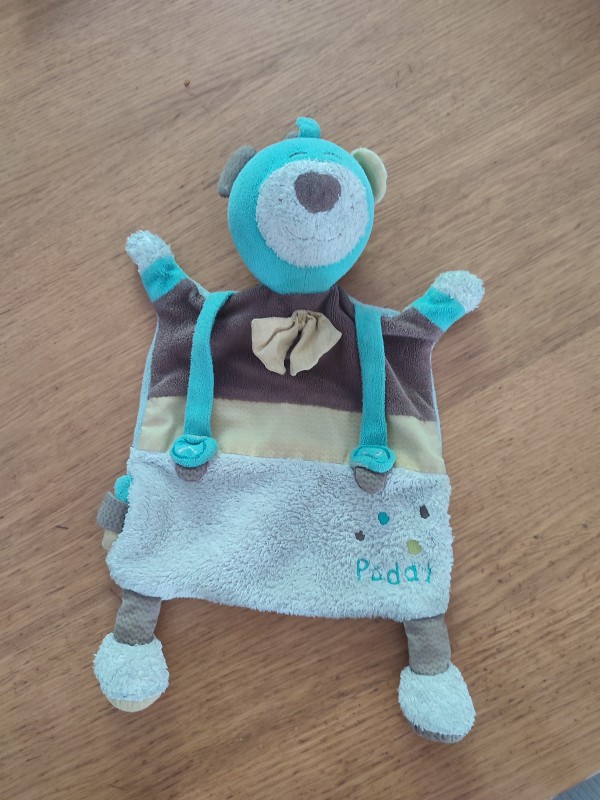 Perdu Doudou ours bleu sauthon