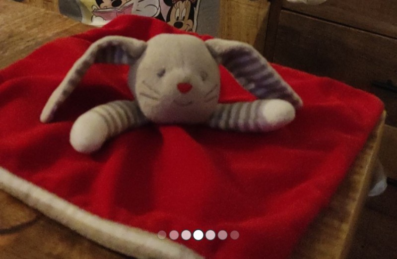 Doudou rouge avec une etiquette au prénom de sana Lille