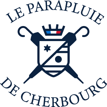 Un grand parapluie de Cherbourg avec une toile gris foncé (initiales SLC)