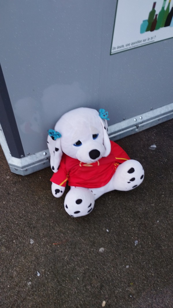 Doudou peluche chien blanc T shirt rouge Trouvé à Amiens au cirque Jules Vernes