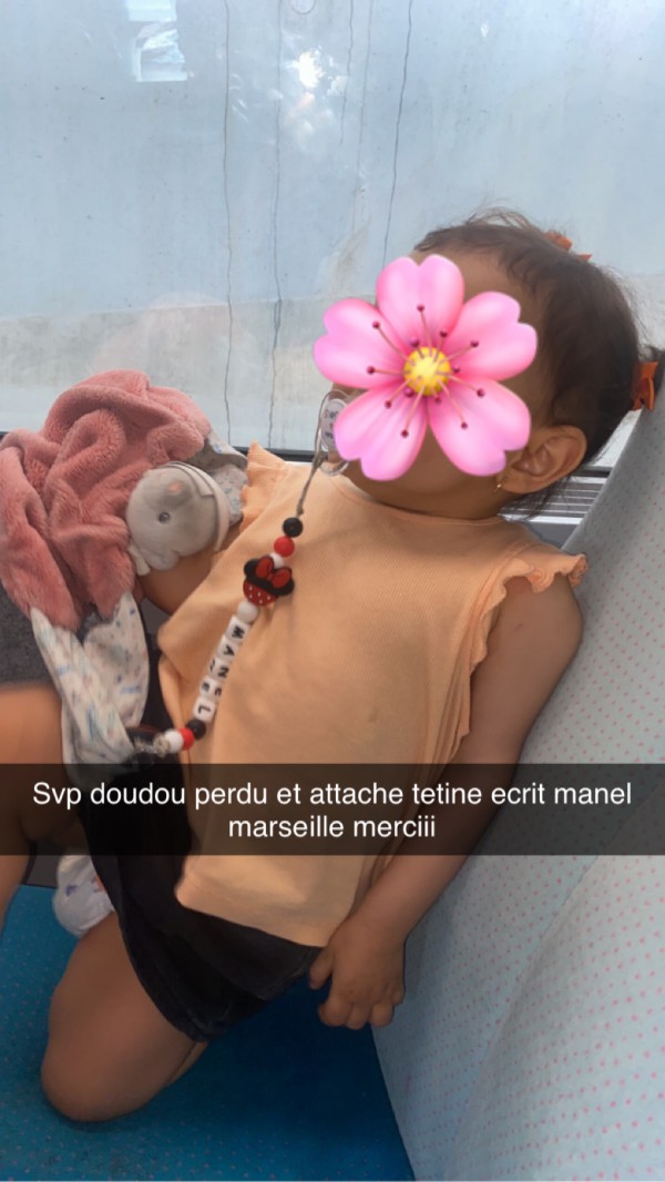 Perdu doudou rose kaloo attache tétine prenom manel minnie