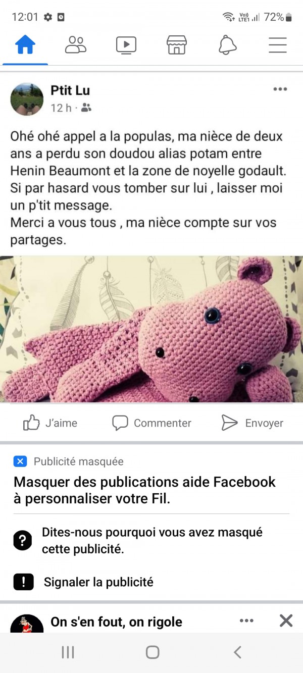 Doudou hippocampe violet rose entre noyelles-godault et henin beaumont