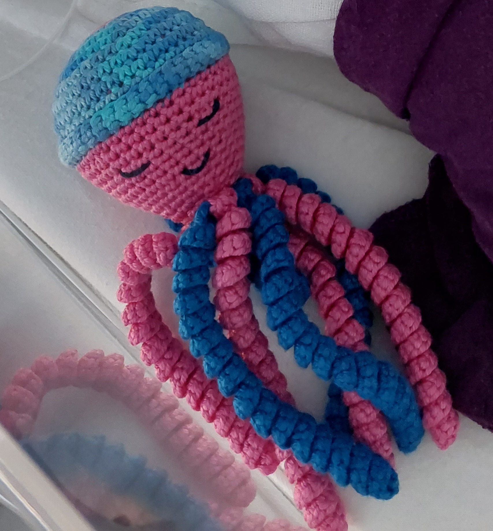 Doudou pieuvre rose et bleu perdu sur le chemin du stade à Villeneuve les sablons