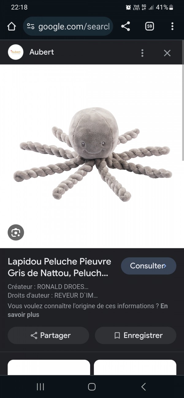 Peluche nattou pieuvre grise à nigloland