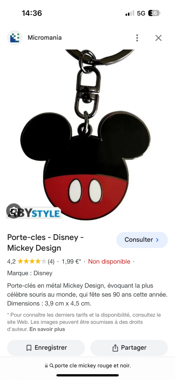 Clé avec porte clé Mickey Etampes