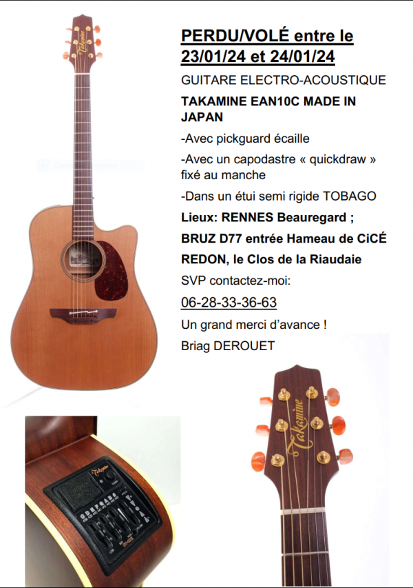 Perdu/volé GUITARE electro acoustique TAKAMINE